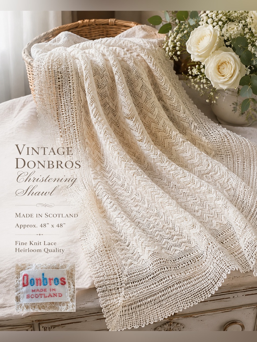 VTG Donbros Scotland Christening Baby Shawl Lace Knit 48” Heirloom